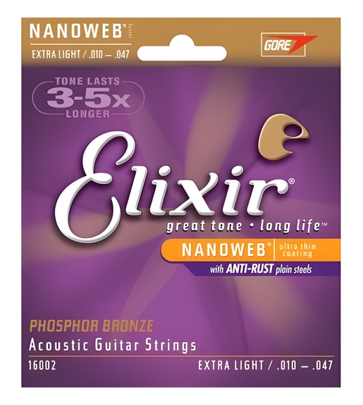 Elixir 16002 Nanoweb Phosphor Bronze Extra-Light Acoustic Guitar Strings (10-47)