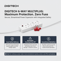 Digitech SA158DTPBH 6 - Way Multiplug: Surge Protected, Mixed Sockets, Unswitched Design - 6001498053916