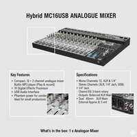 Hybrid MC16USB 12 + 2 channel Analogue Mixer. - 