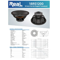 Real Sound 18RS1200 18″ 1200W Replacement Speaker - 