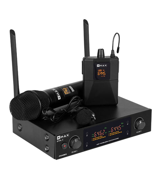 XMAX DVL - 1 Wireless Microphone System Handheld & Lapel UHF Dual Mic Kit - 
